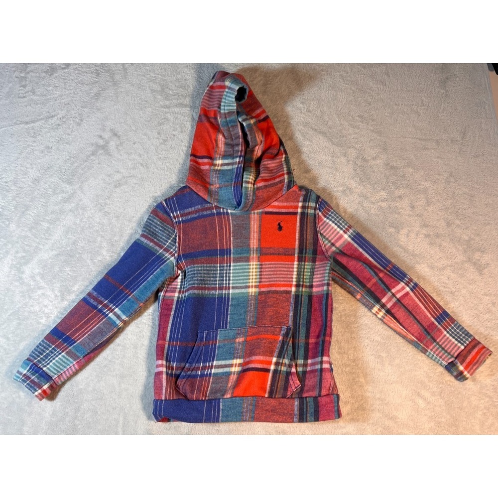 Polo Ralph Lauren Girls Hoodie 6X patchwork-style plaid pattern Kangaroo Pockets